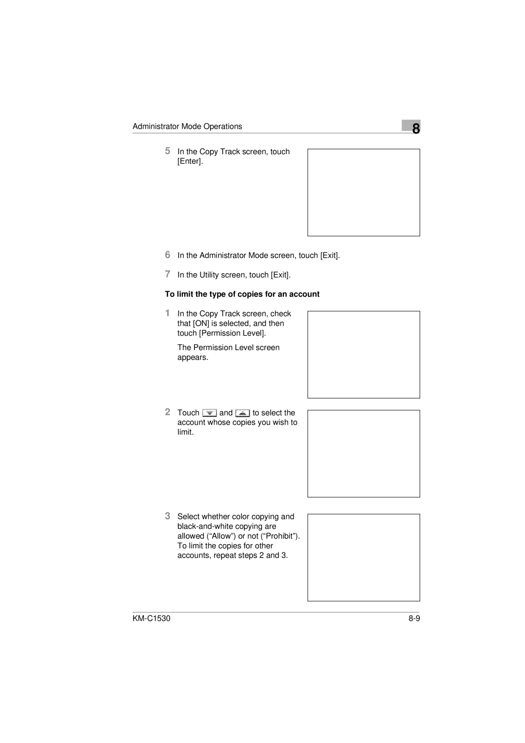 Kyocera KM-C1530 manual To limit the type of copies for an account 