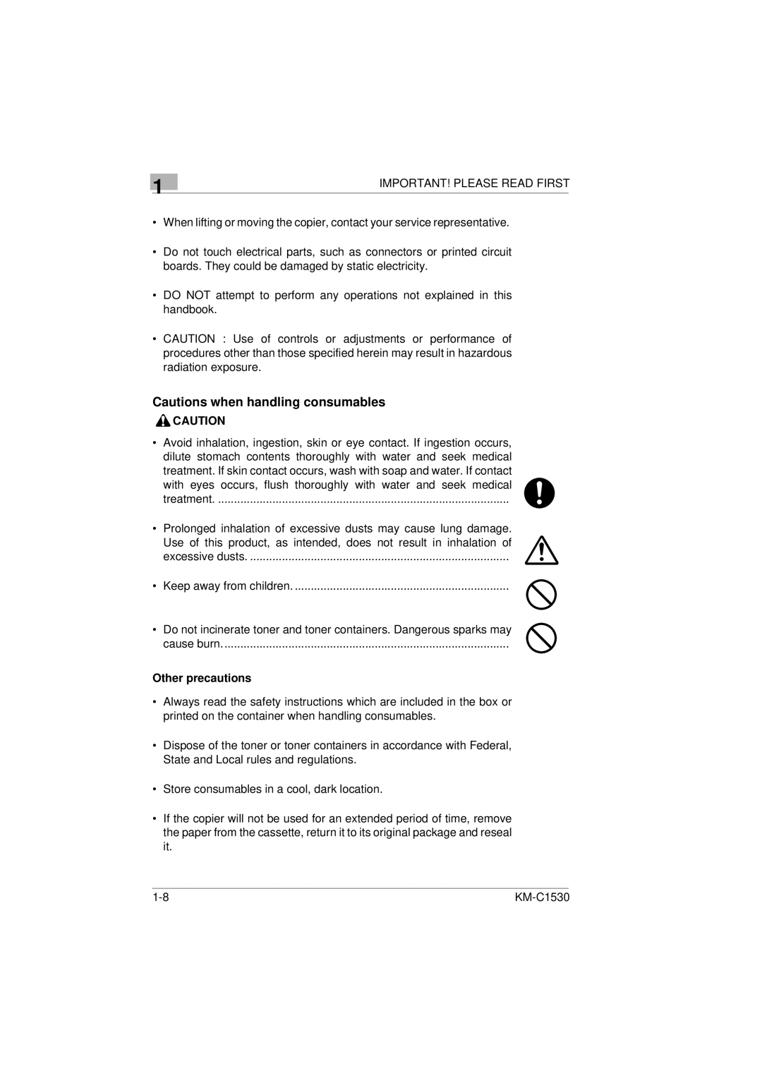 Kyocera KM-C1530 manual Other precautions 