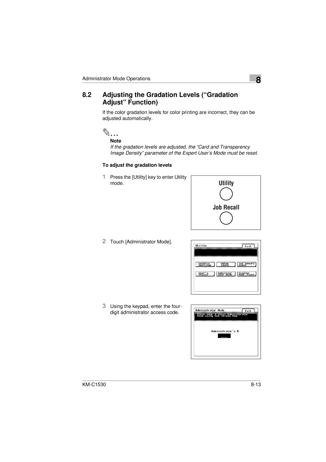 Kyocera KM-C1530 manual Adjusting the Gradation Levels Gradation Adjust Function, To adjust the gradation levels 