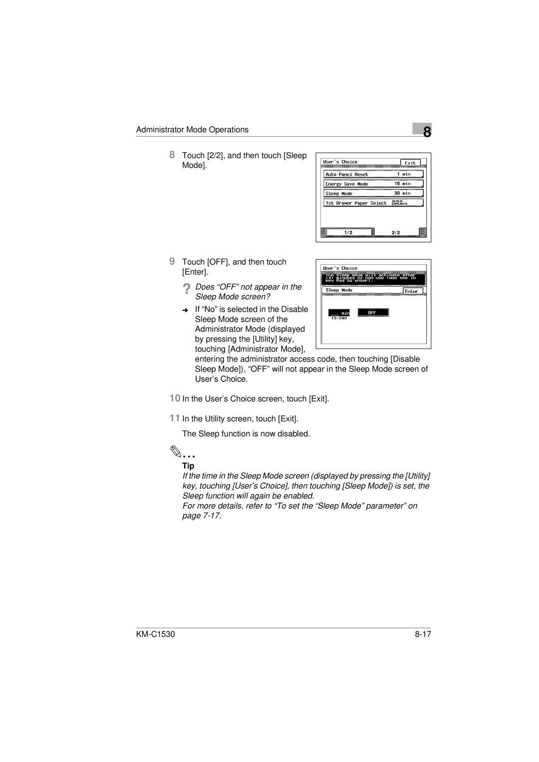 Kyocera KM-C1530 manual ? Does OFF not appear in the Sleep Mode screen?, Tip 