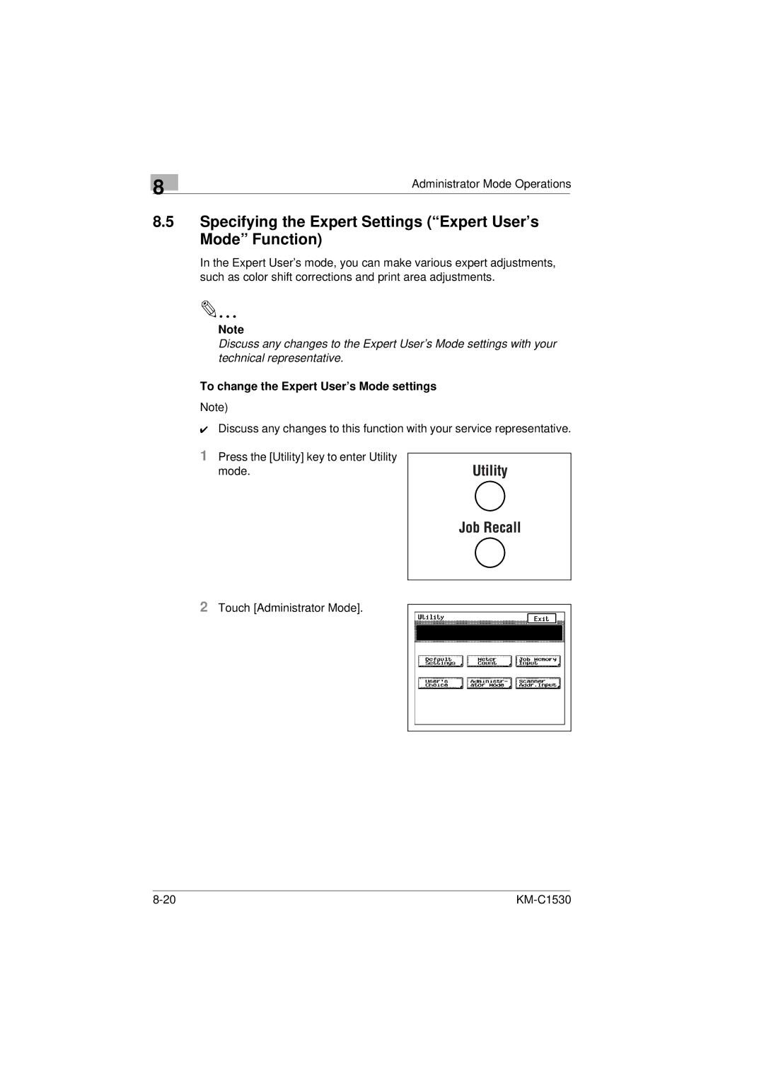 Kyocera KM-C1530 Specifying the Expert Settings Expert User’s Mode Function, To change the Expert User’s Mode settings 