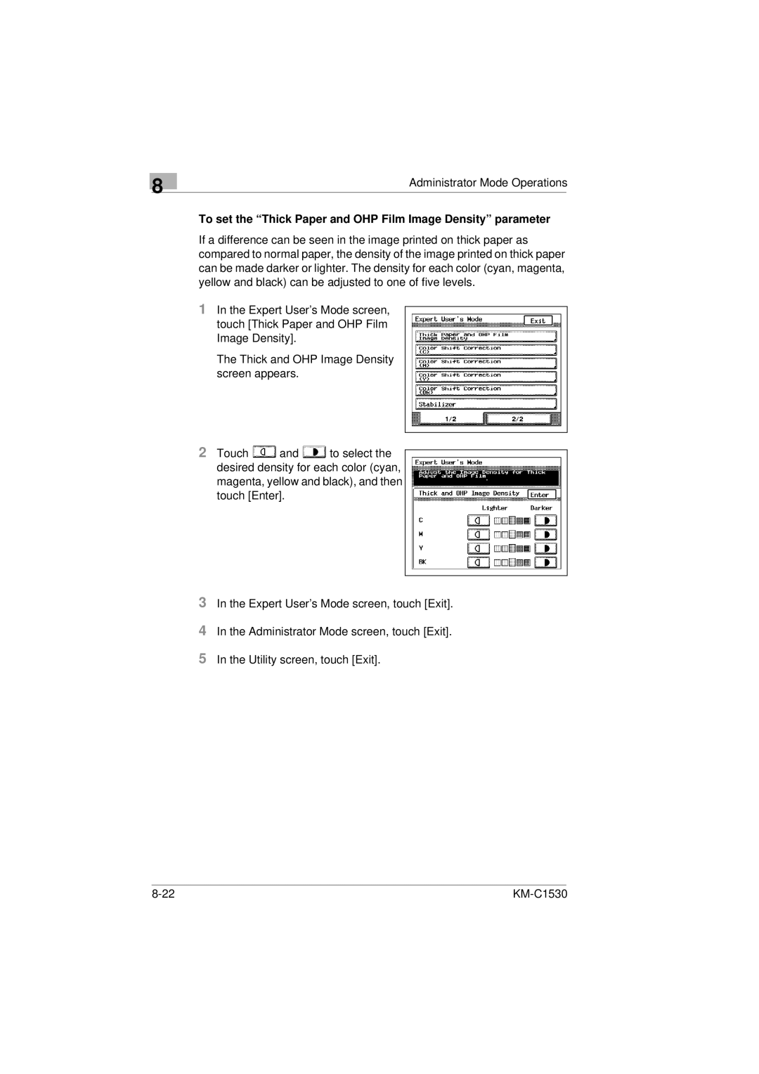 Kyocera KM-C1530 manual To set the Thick Paper and OHP Film Image Density parameter 