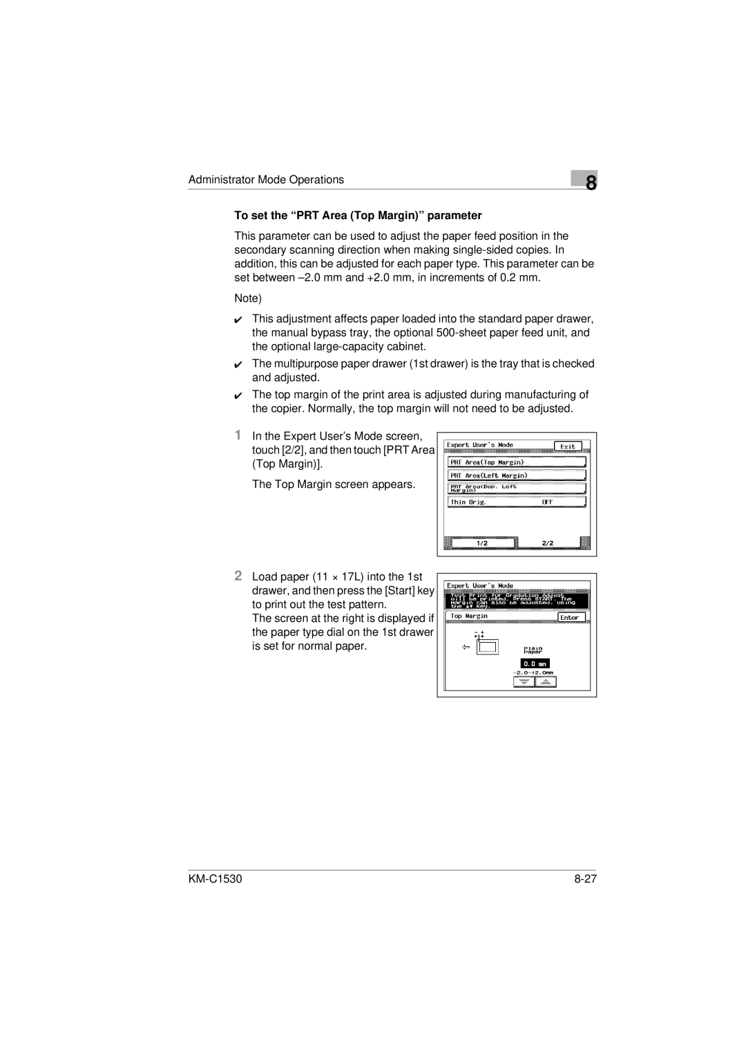 Kyocera KM-C1530 manual To set the PRT Area Top Margin parameter 