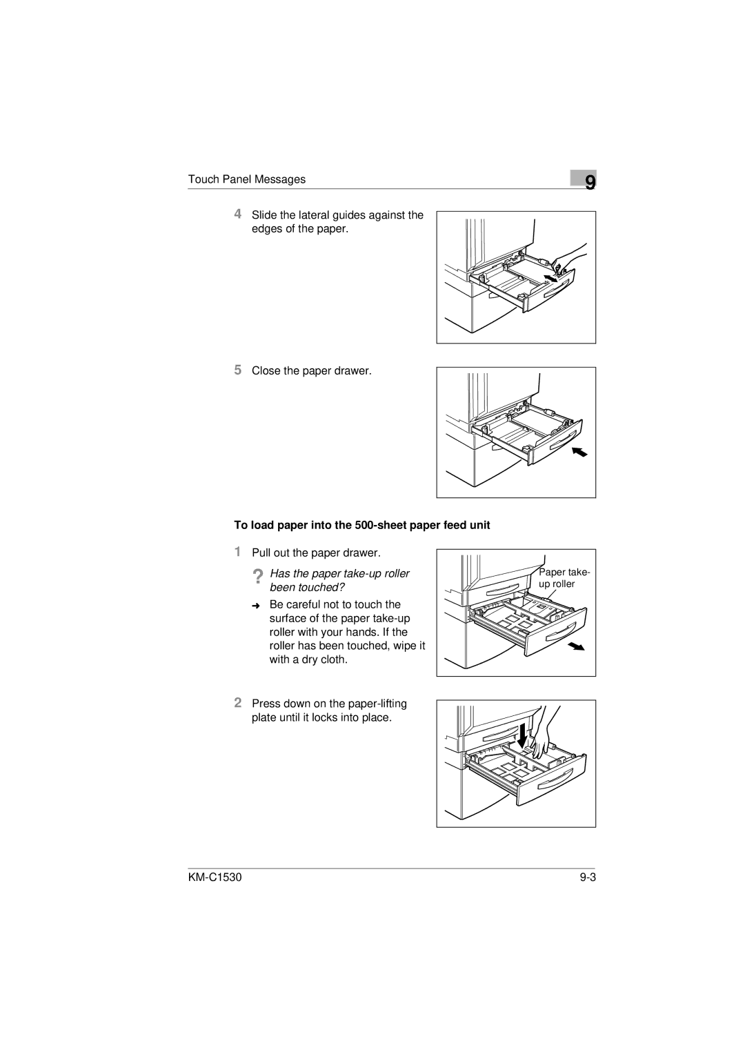 Kyocera KM-C1530 manual To load paper into the 500-sheet paper feed unit 