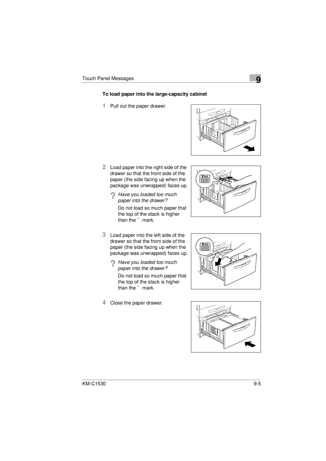 Kyocera KM-C1530 manual To load paper into the large-capacity cabinet 