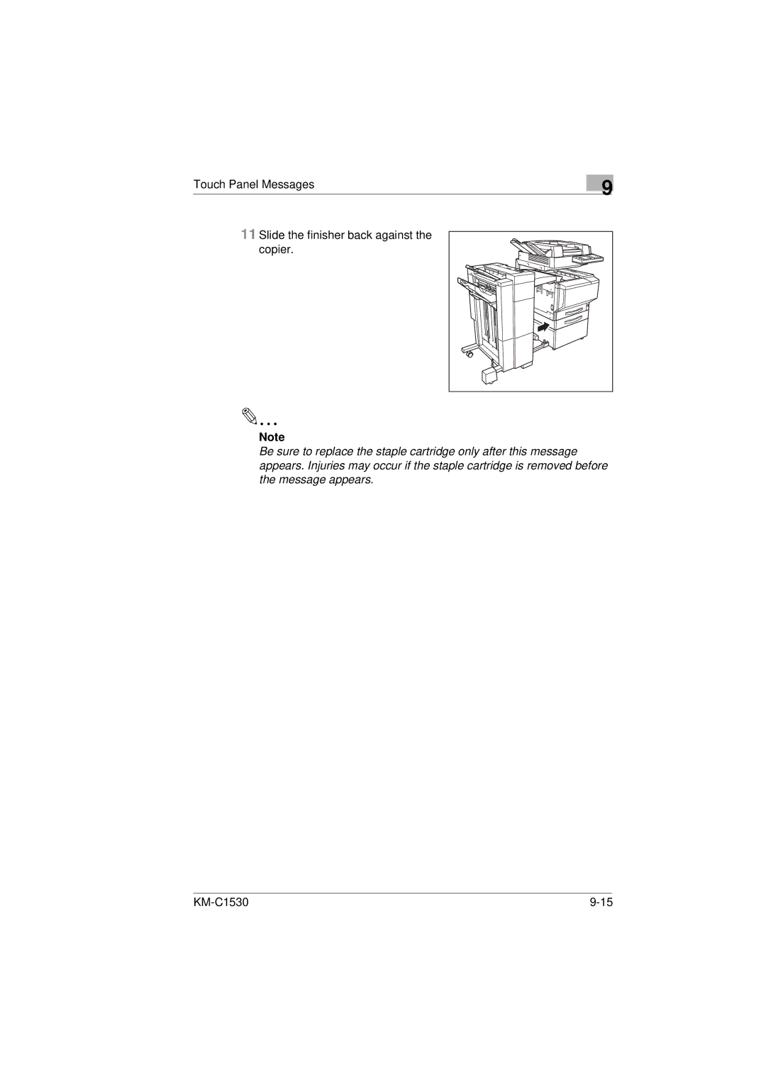 Kyocera KM-C1530 manual Touch Panel Messages Slide the finisher back against Copier 