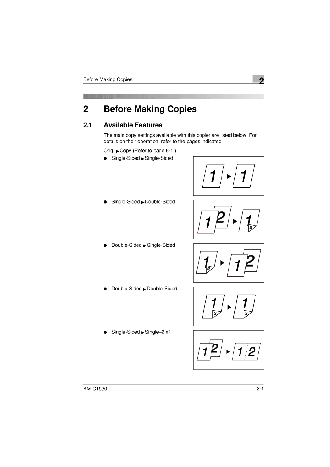 Kyocera KM-C1530 manual Before Making Copies, Available Features 