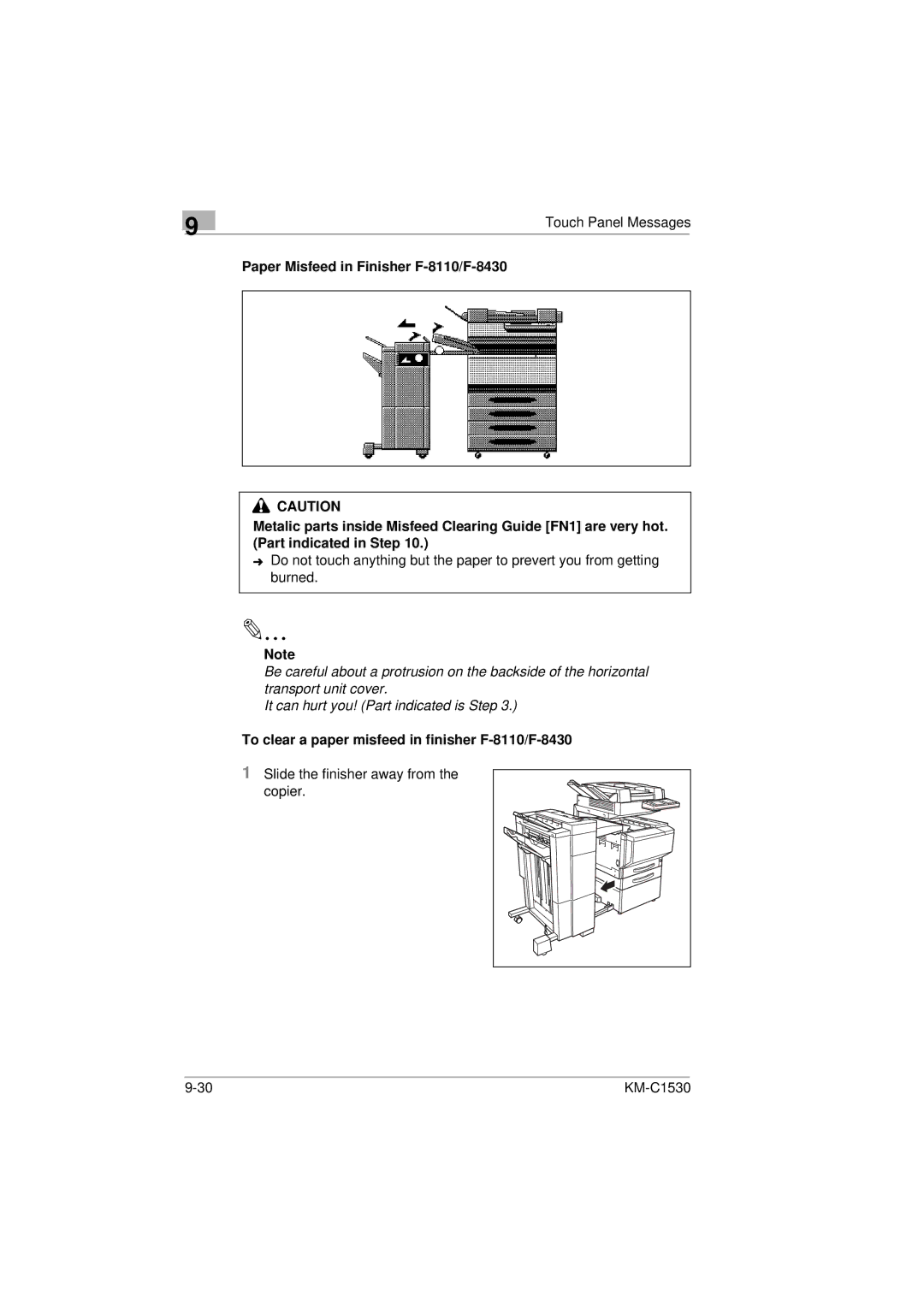 Kyocera KM-C1530 manual To clear a paper misfeed in finisher F-8110/F-8430 