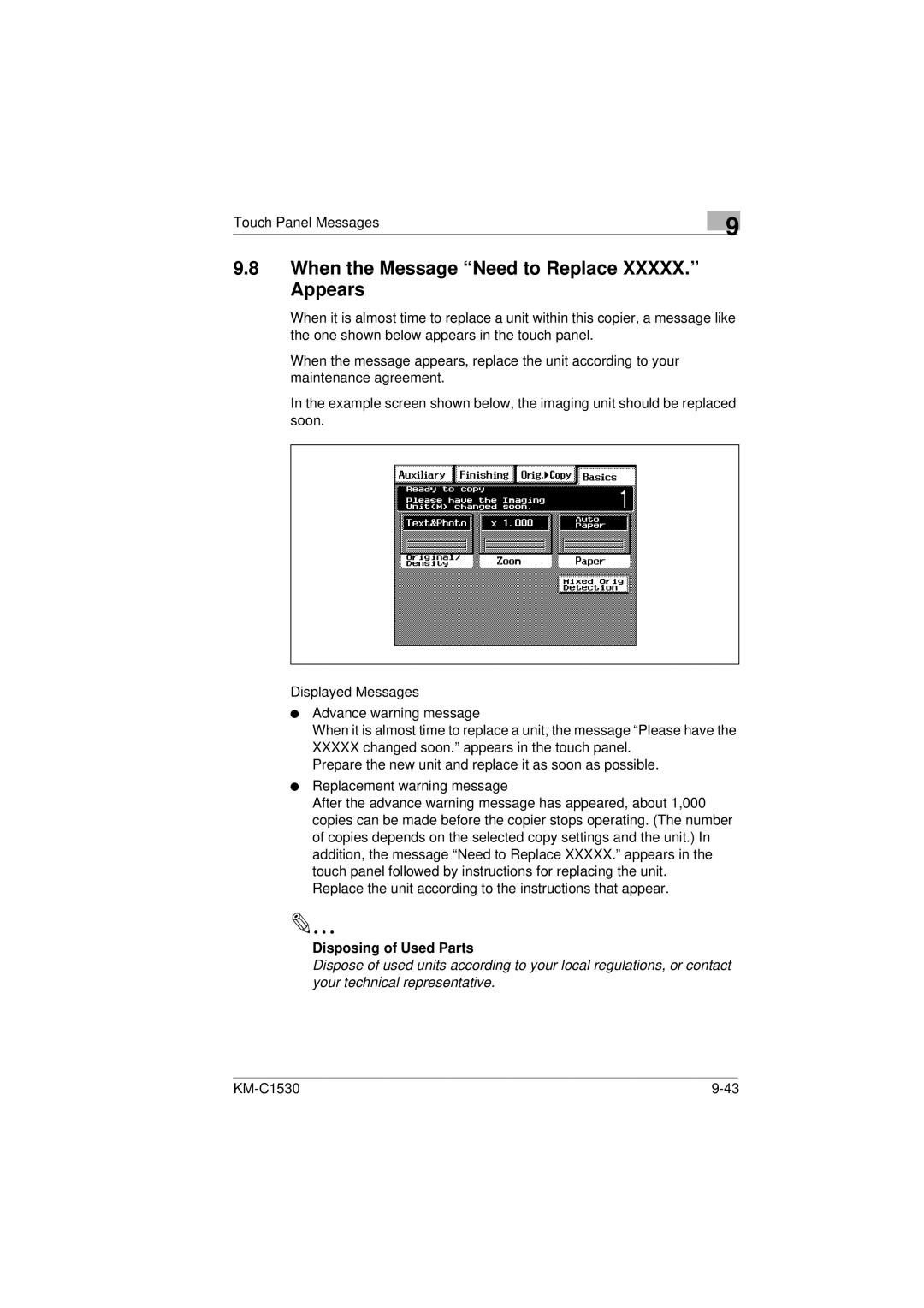 Kyocera KM-C1530 manual When the Message Need to Replace XXXXX. Appears, Disposing of Used Parts 