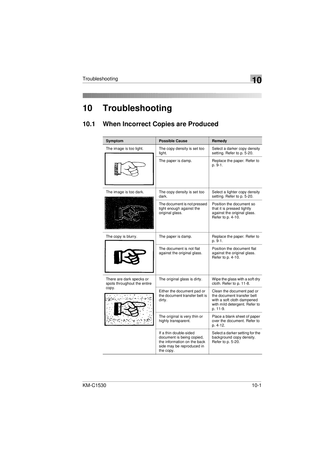 Kyocera KM-C1530 manual When Incorrect Copies are Produced, Symptom Possible Cause Remedy 