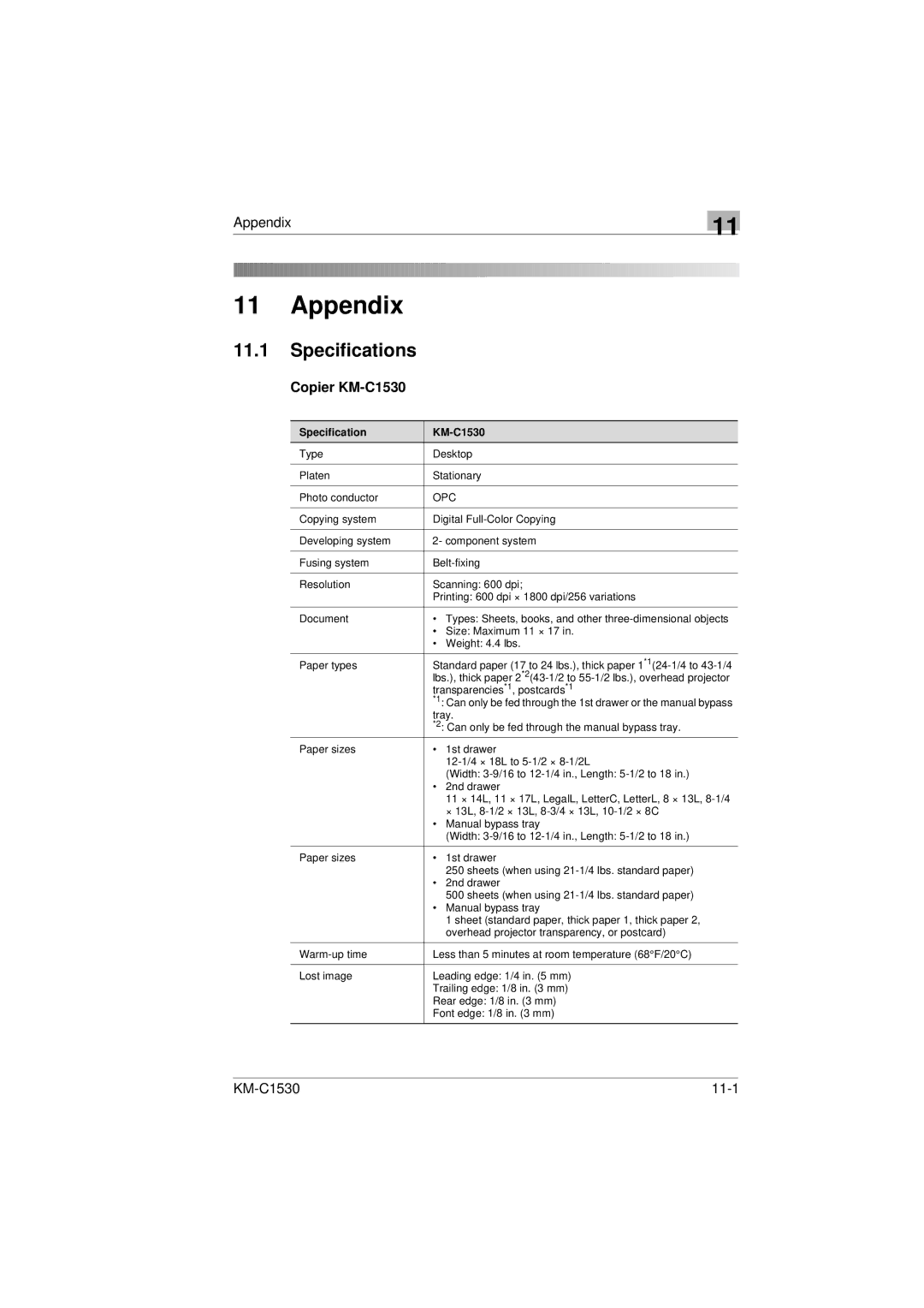 Kyocera manual Specifications, Copier KM-C1530, Specification KM-C1530 