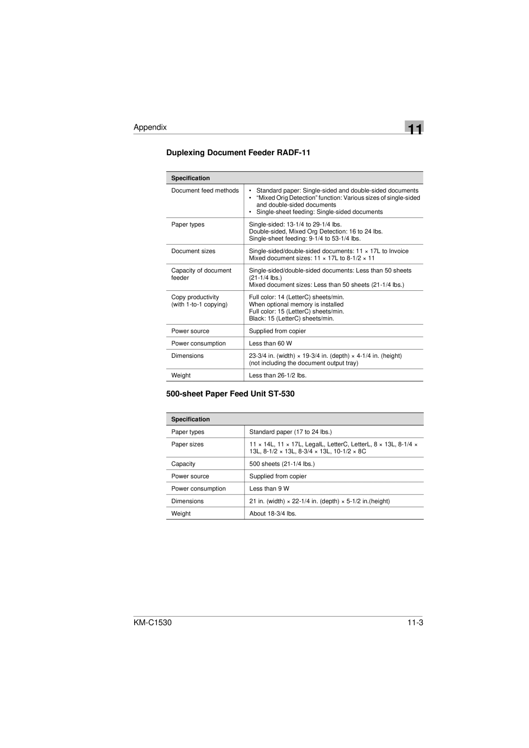 Kyocera KM-C1530 manual Duplexing Document Feeder RADF-11, Sheet Paper Feed Unit ST-530, Specification 