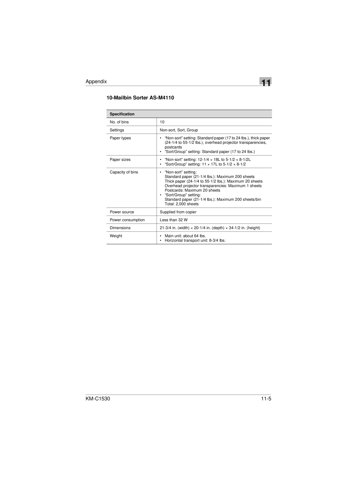 Kyocera KM-C1530 manual Mailbin Sorter AS-M4110 