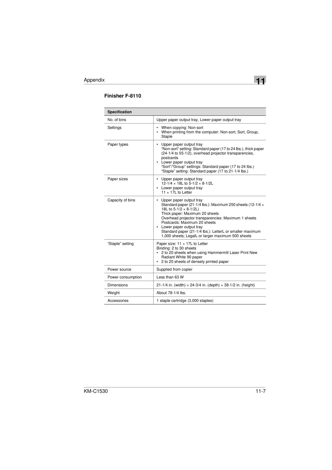 Kyocera KM-C1530 manual Finisher F-8110 