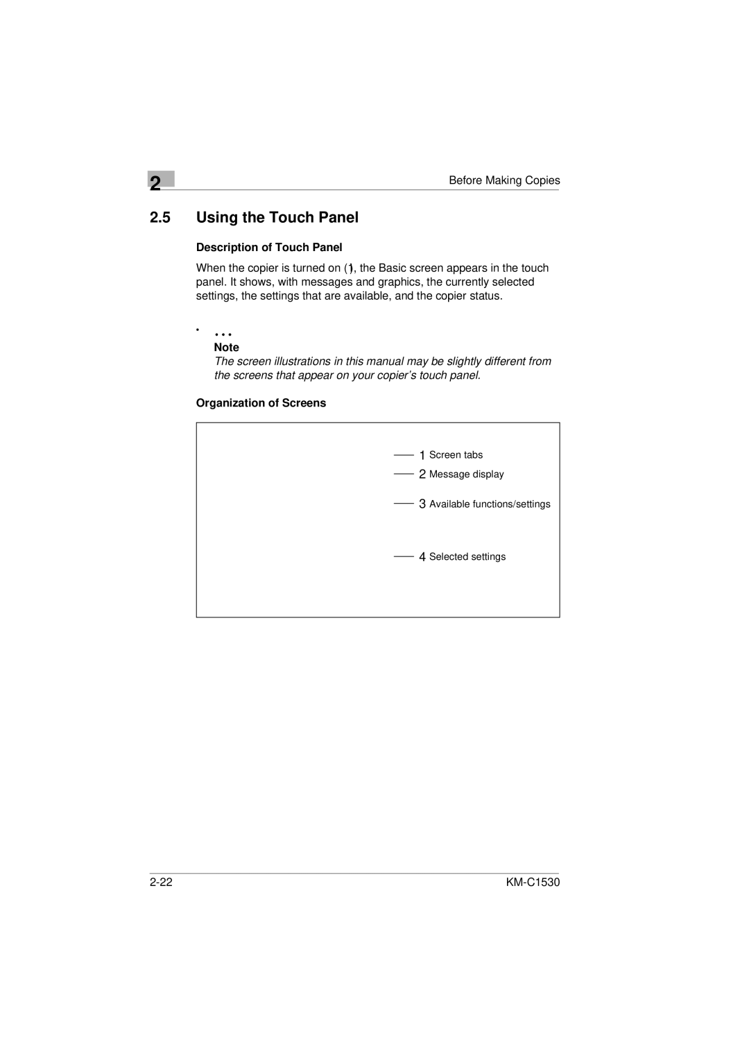 Kyocera KM-C1530 manual Using the Touch Panel, Description of Touch Panel, Organization of Screens 