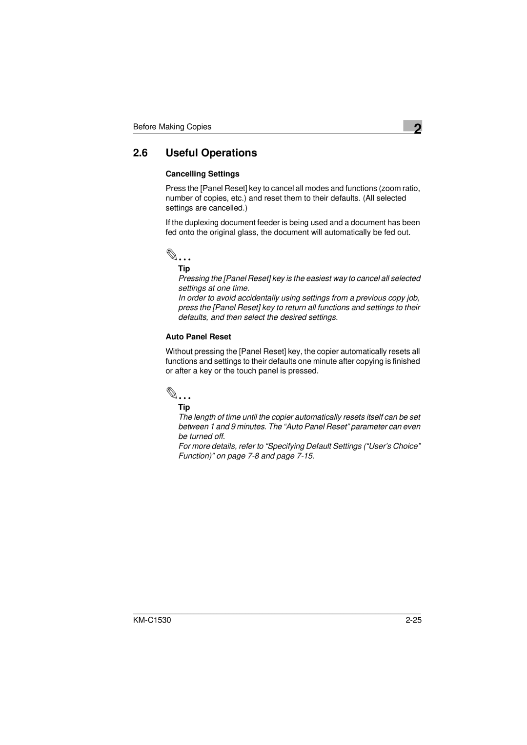 Kyocera KM-C1530 manual Useful Operations, Cancelling Settings, Tip, Auto Panel Reset 