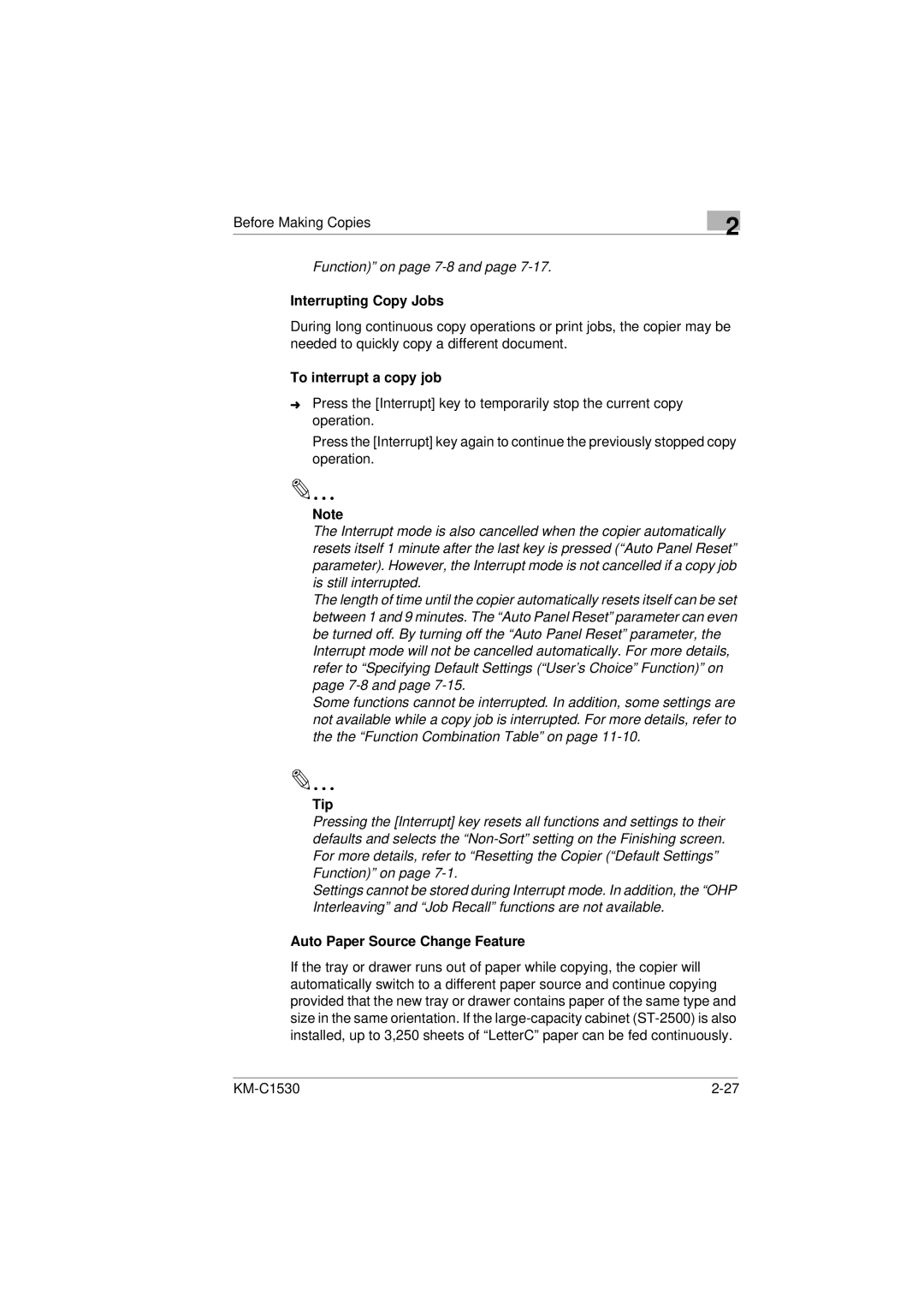 Kyocera KM-C1530 Function on page 7-8, Interrupting Copy Jobs, To interrupt a copy job, Auto Paper Source Change Feature 