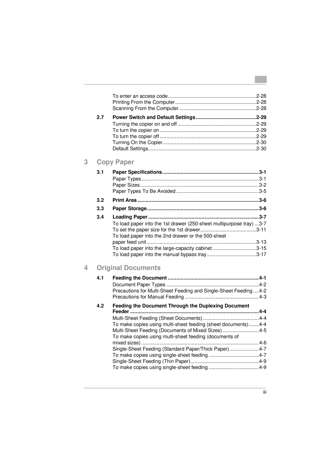 Kyocera KM-C1530 manual Power Switch and Default Settings, Paper Specifications, Print Area Paper Storage Loading Paper 