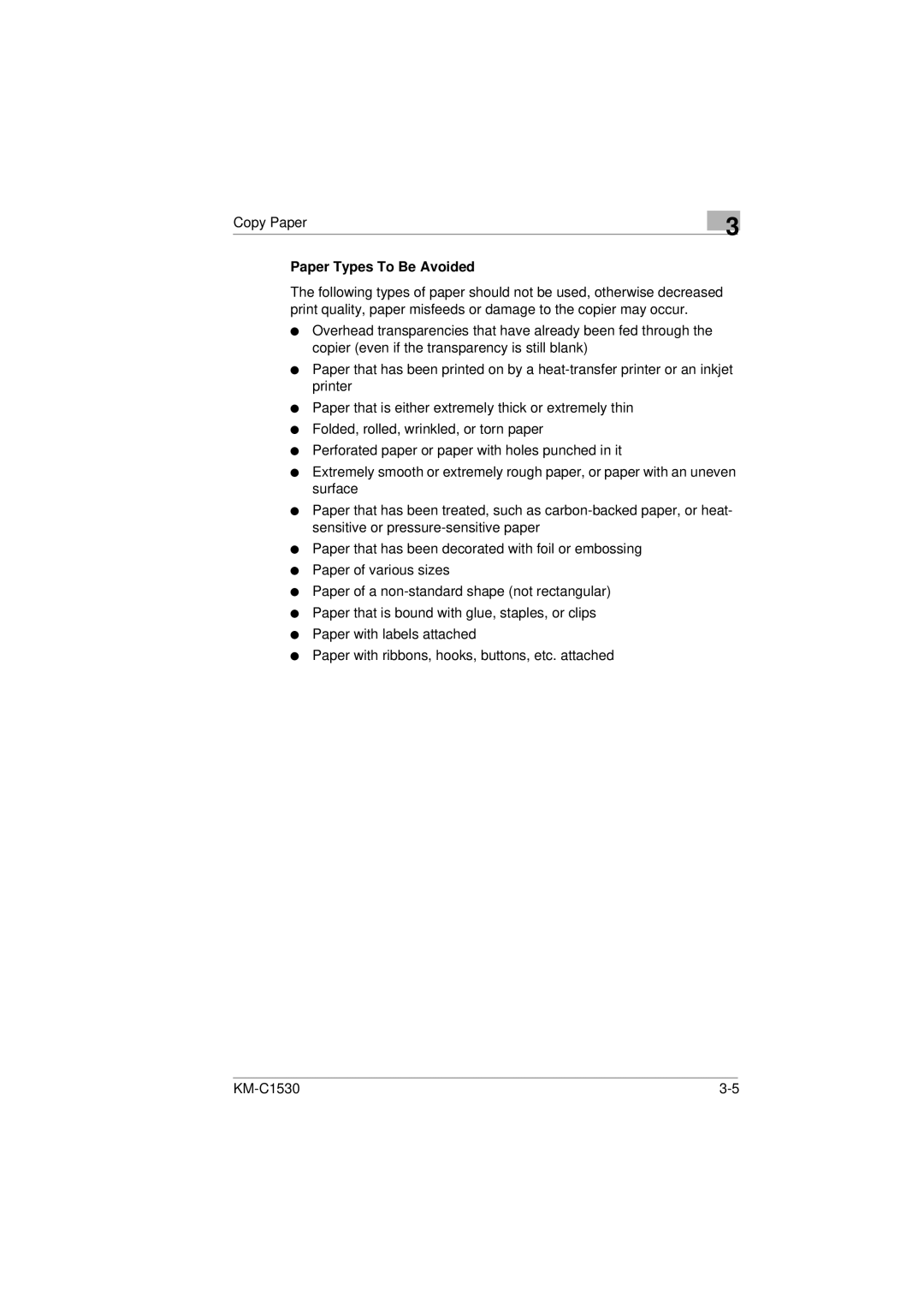 Kyocera KM-C1530 manual Paper Types To Be Avoided 