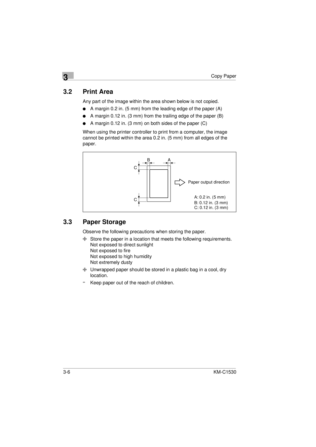 Kyocera KM-C1530 manual Print Area, Paper Storage 