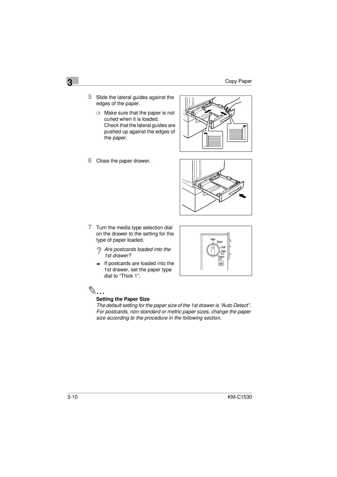 Kyocera KM-C1530 manual ? Are postcards loaded into the 1st drawer?, Setting the Paper Size 