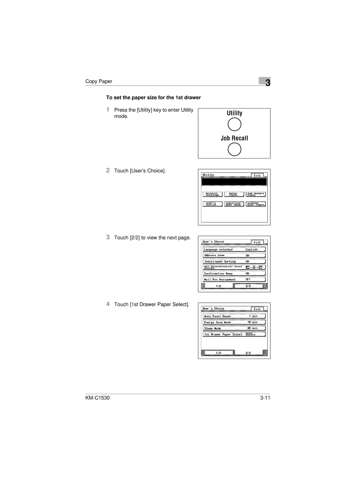 Kyocera KM-C1530 manual To set the paper size for the 1st drawer 