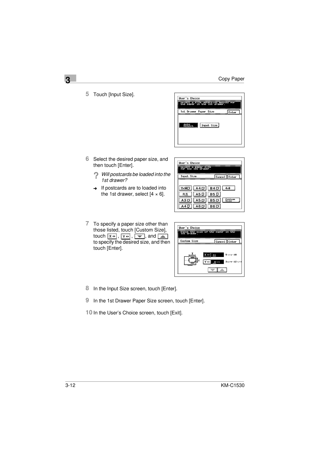 Kyocera KM-C1530 manual ? Will postcards be loaded into the 1st drawer? 