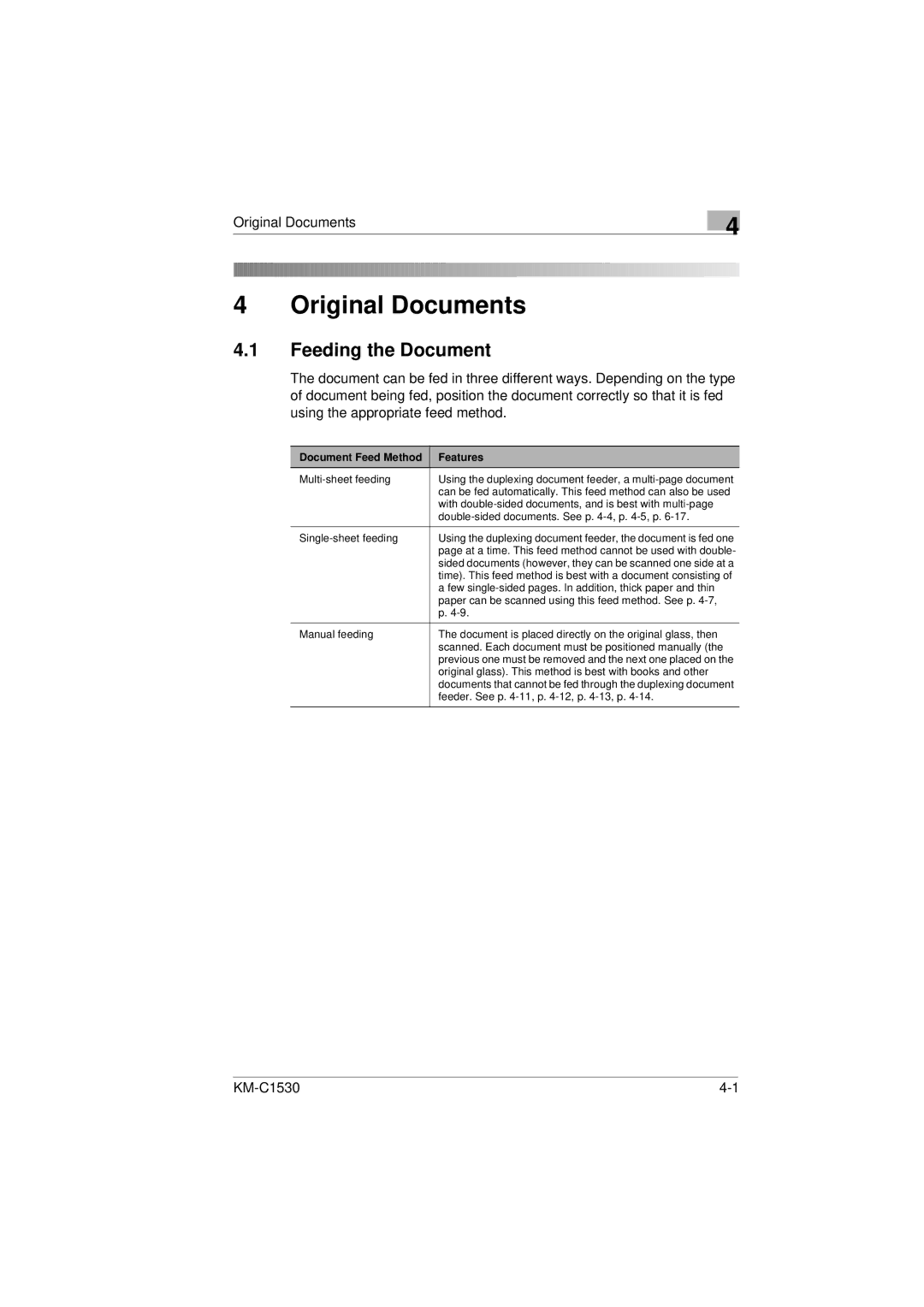 Kyocera KM-C1530 manual Feeding the Document, Document Feed Method Features 