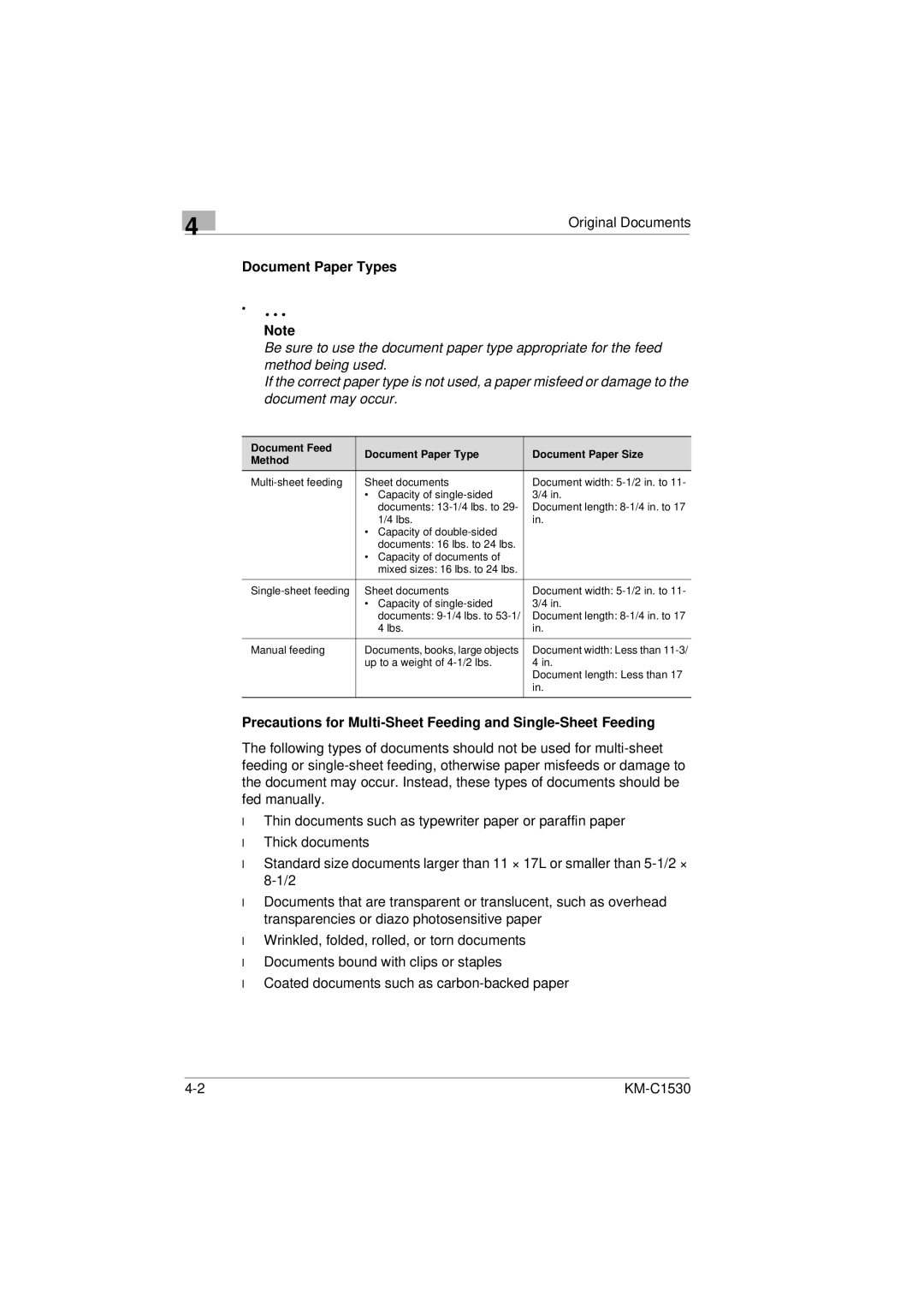 Kyocera KM-C1530 manual Document Paper Types, Document Feed Document Paper Type Document Paper Size Method 