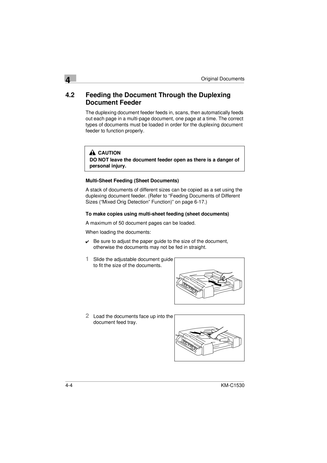 Kyocera KM-C1530 manual Feeding the Document Through the Duplexing Document Feeder 