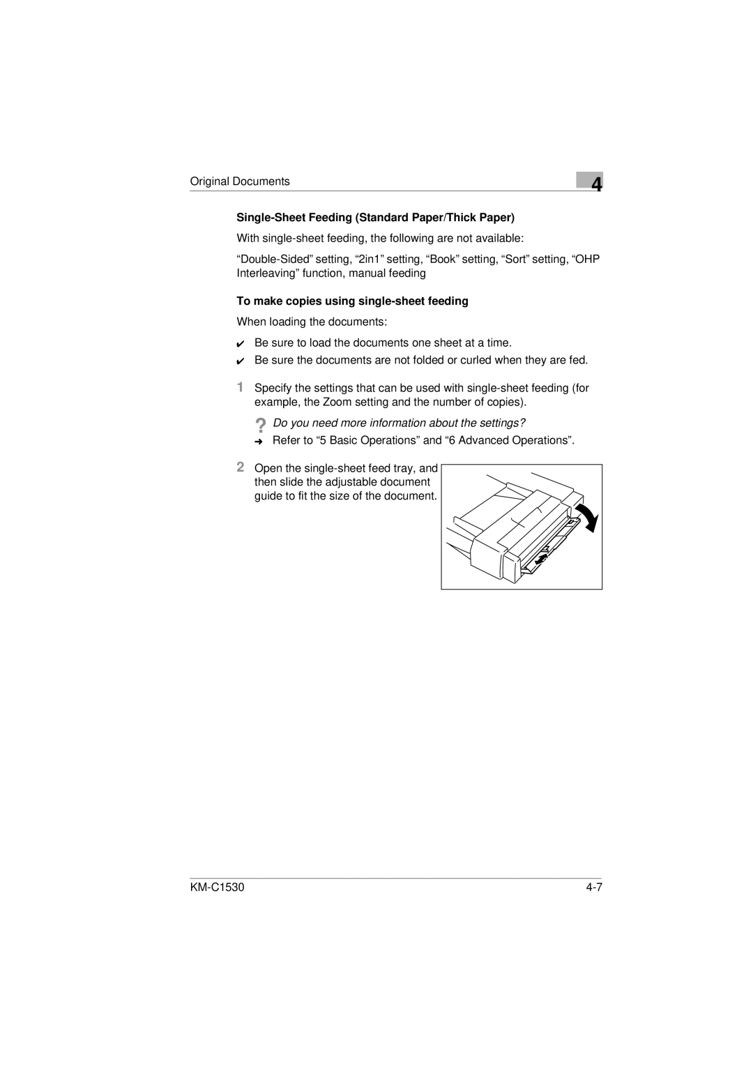 Kyocera KM-C1530 manual Single-Sheet Feeding Standard Paper/Thick Paper, To make copies using single-sheet feeding 