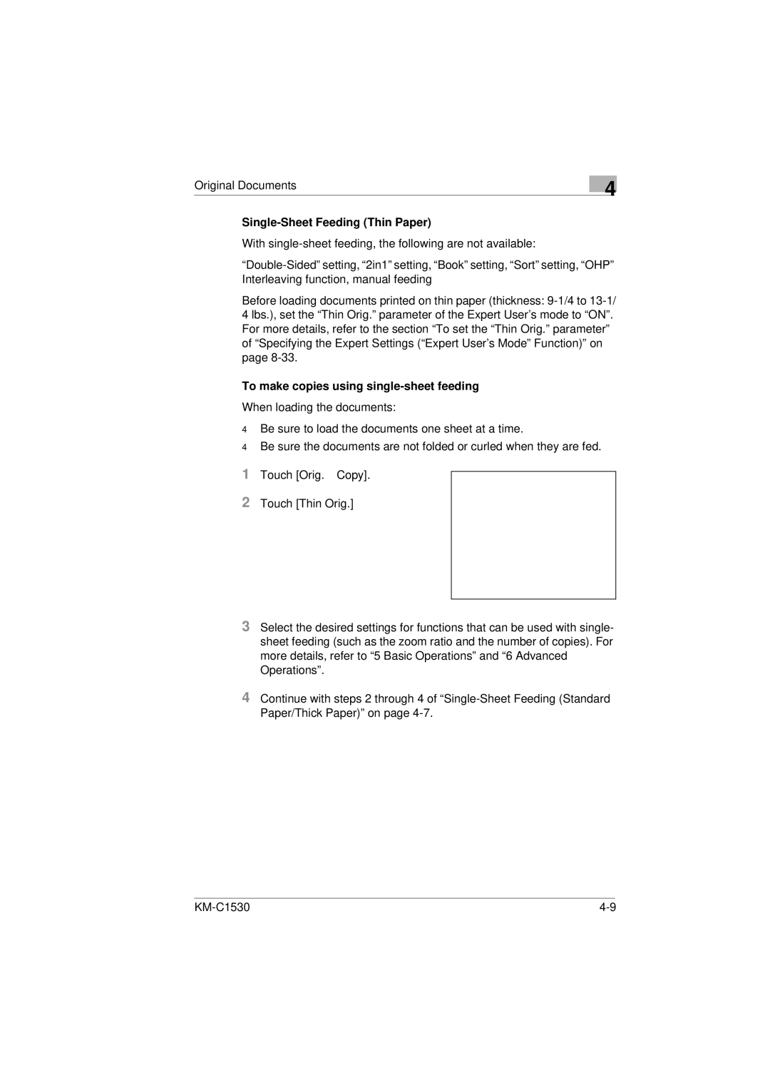 Kyocera KM-C1530 manual Single-Sheet Feeding Thin Paper 