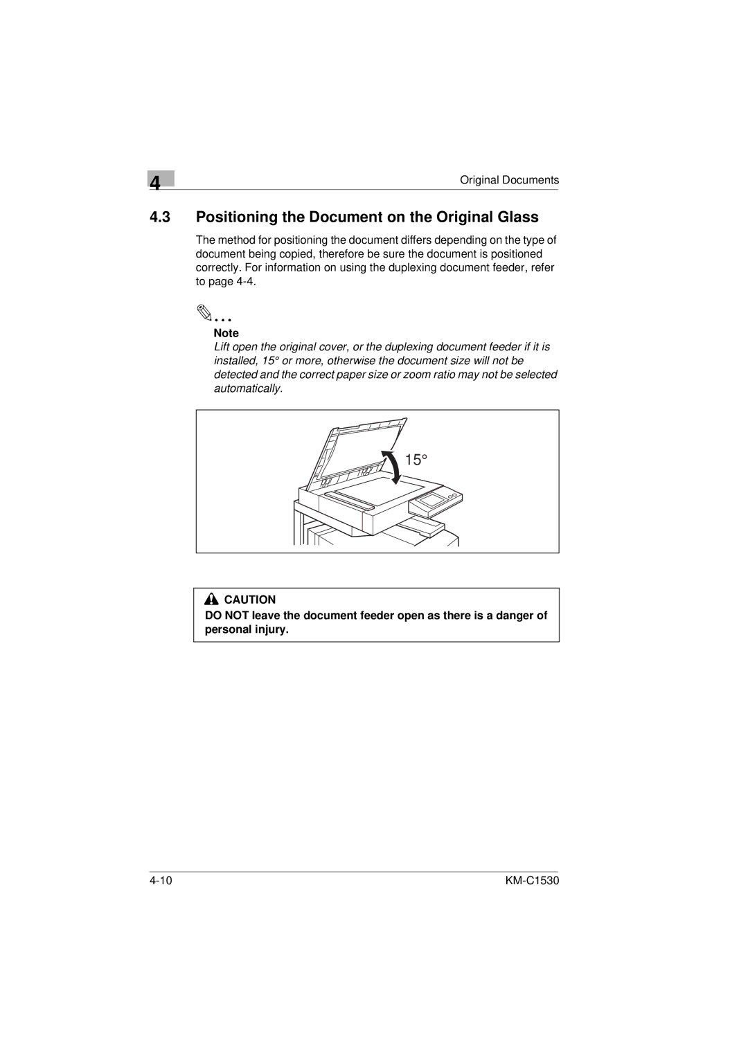 Kyocera KM-C1530 manual Positioning the Document on the Original Glass 