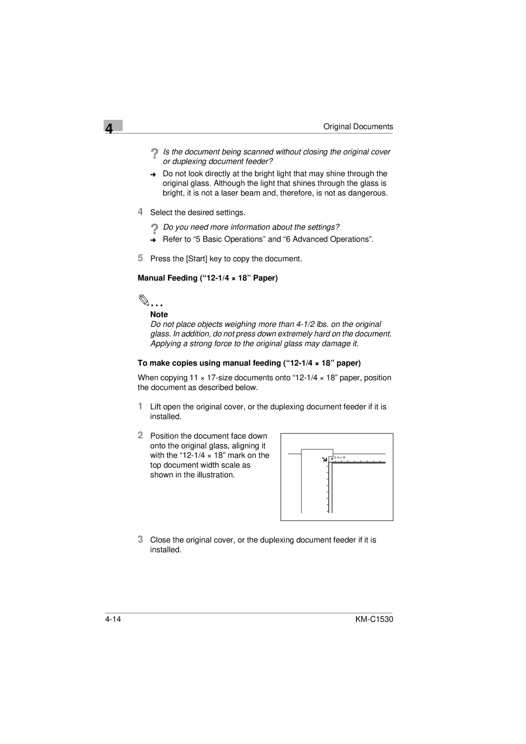 Kyocera KM-C1530 Manual Feeding 12-1/4 × 18 Paper, To make copies using manual feeding 12-1/4 × 18 paper 