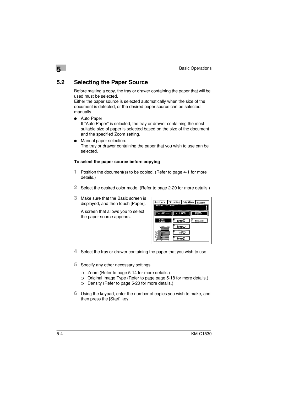 Kyocera KM-C1530 manual Selecting the Paper Source, To select the paper source before copying 