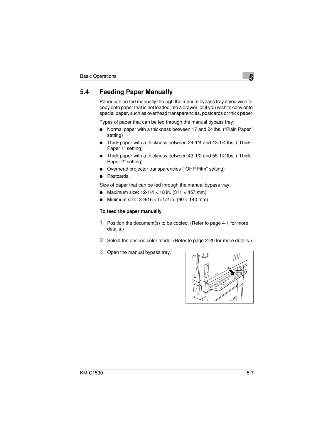 Kyocera KM-C1530 Feeding Paper Manually, To feed the paper manually 