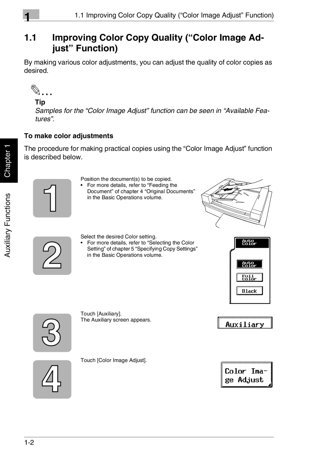 Kyocera KM-C2030, KM-C3130 manual Improving Color Copy Quality Color Image Ad- just Function, Tip, To make color adjustments 