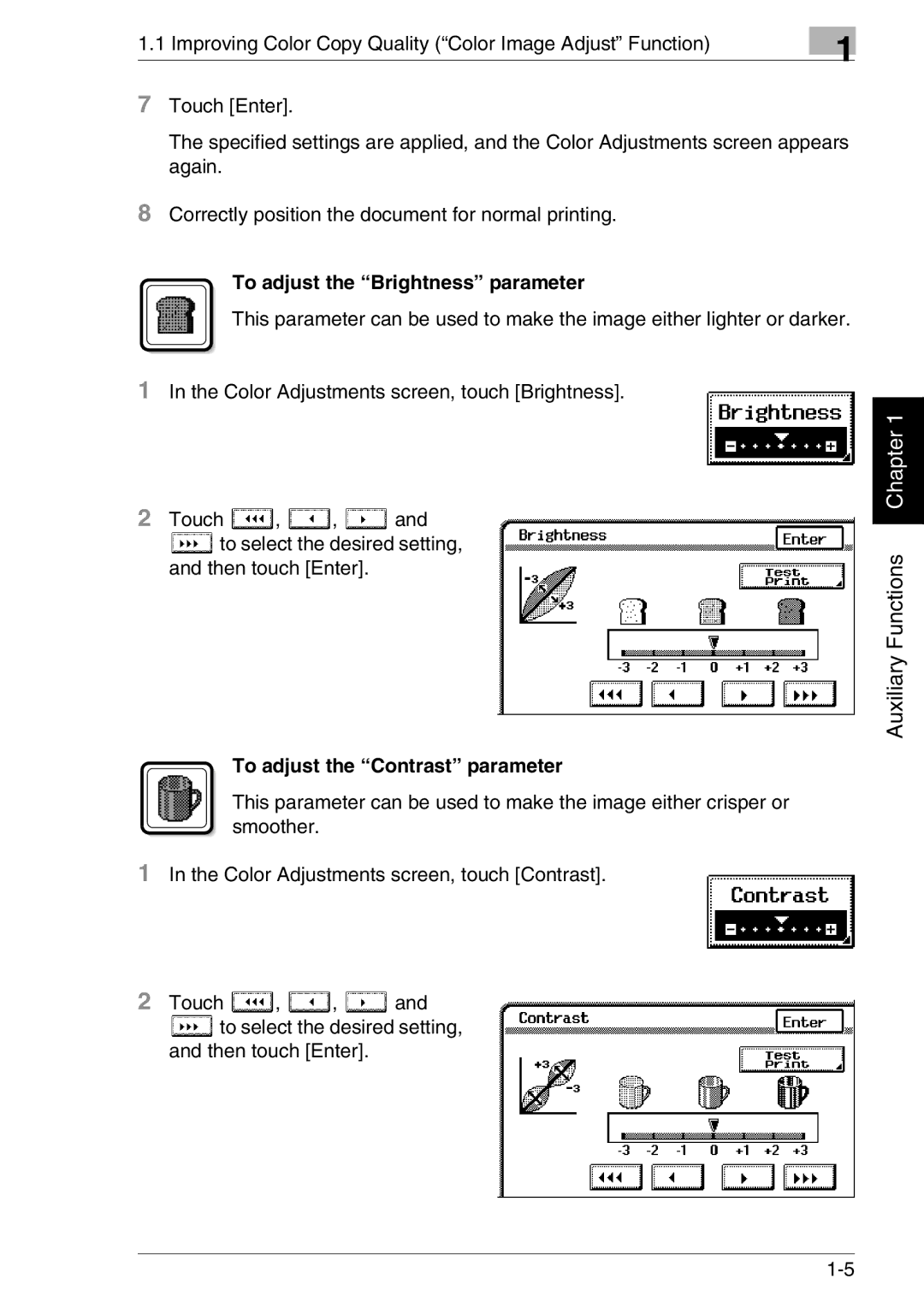 Kyocera KM-C3130, KM-C2030 manual To adjust the Brightness parameter, To adjust the Contrast parameter 