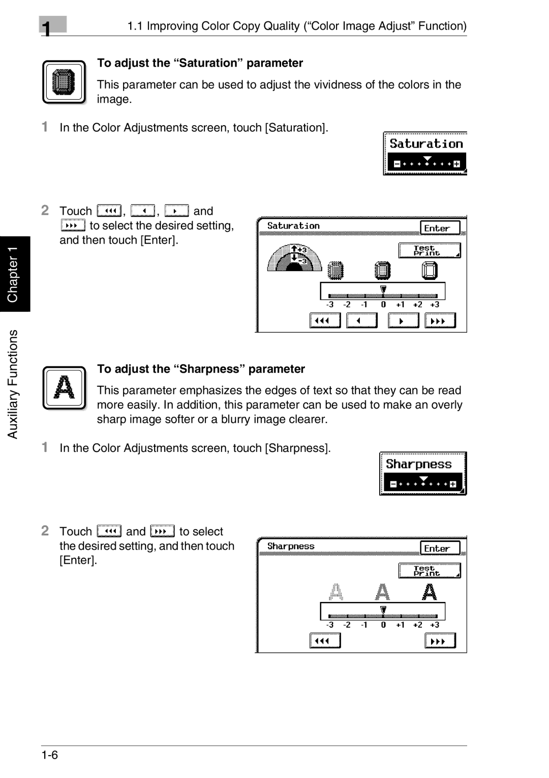 Kyocera KM-C2030, KM-C3130 manual To adjust the Saturation parameter, To adjust the Sharpness parameter 