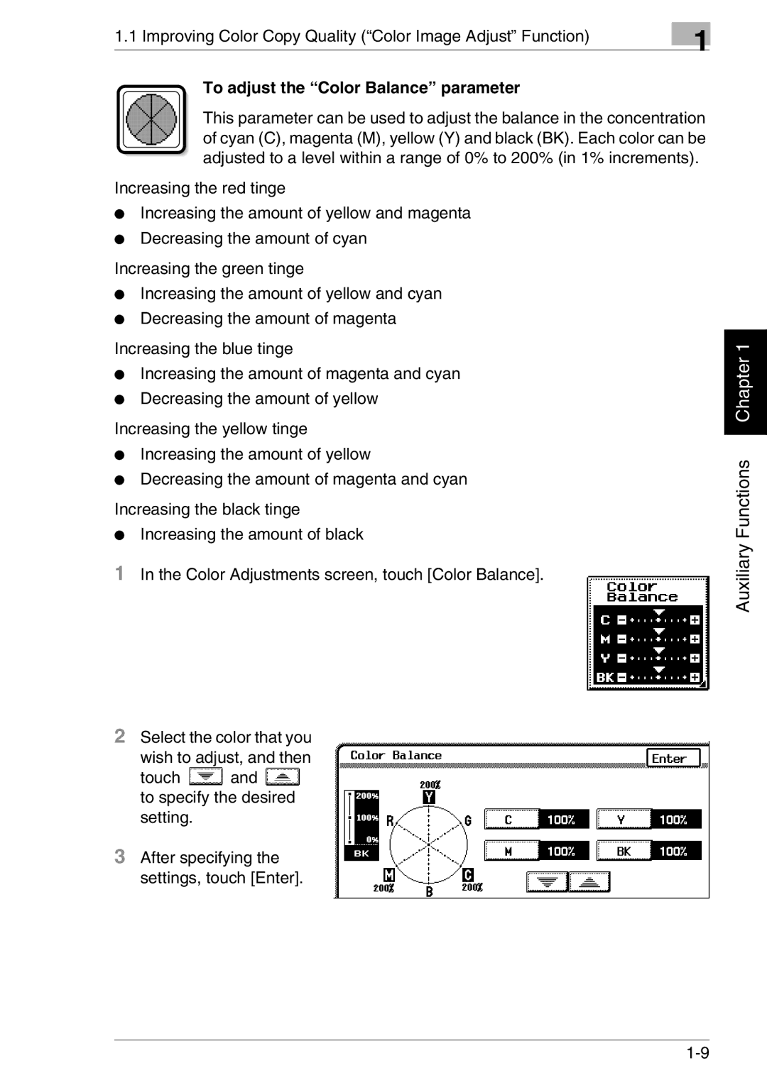 Kyocera KM-C3130, KM-C2030 manual To adjust the Color Balance parameter 