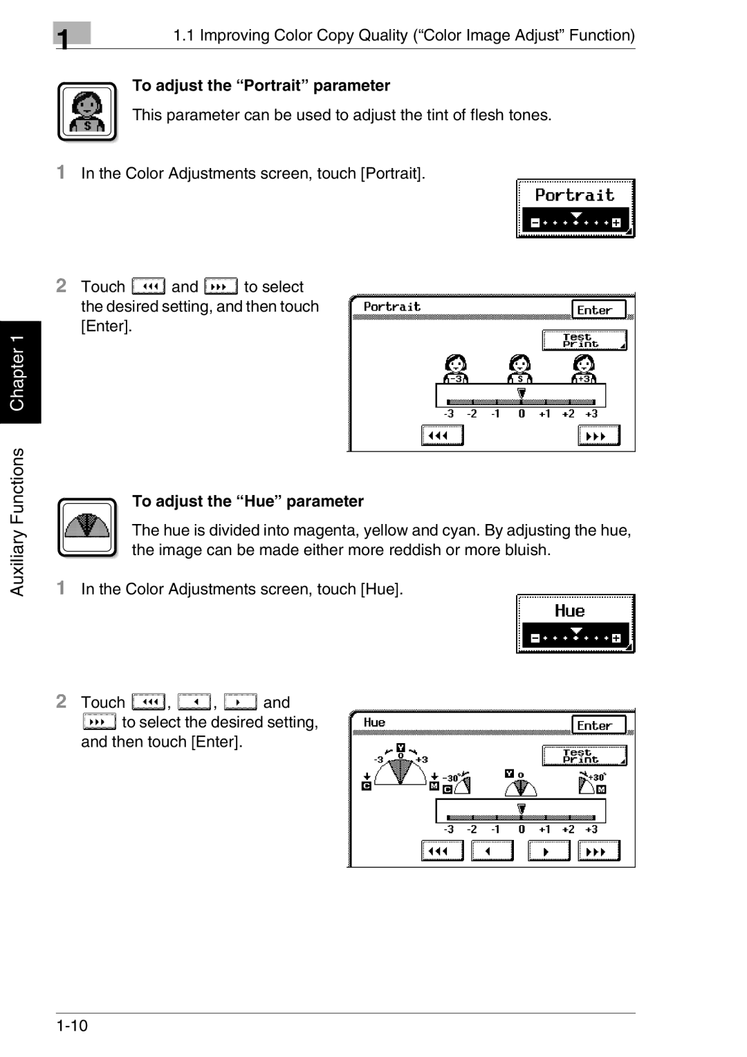 Kyocera KM-C2030, KM-C3130 manual To adjust the Portrait parameter, To adjust the Hue parameter 