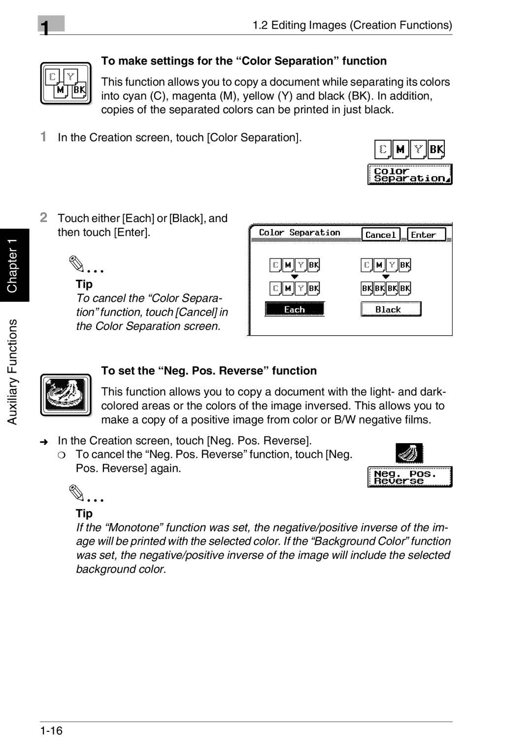 Kyocera KM-C2030, KM-C3130 manual To make settings for the Color Separation function, To set the Neg. Pos. Reverse function 