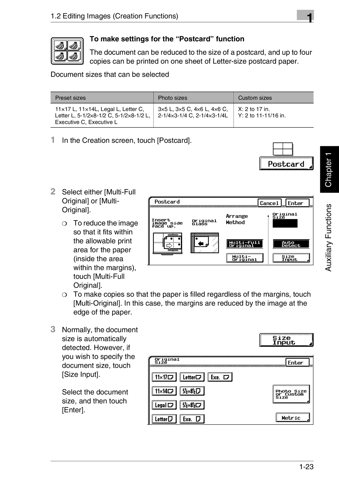 Kyocera KM-C3130, KM-C2030 manual To make settings for the Postcard function, Document sizes that can be selected 