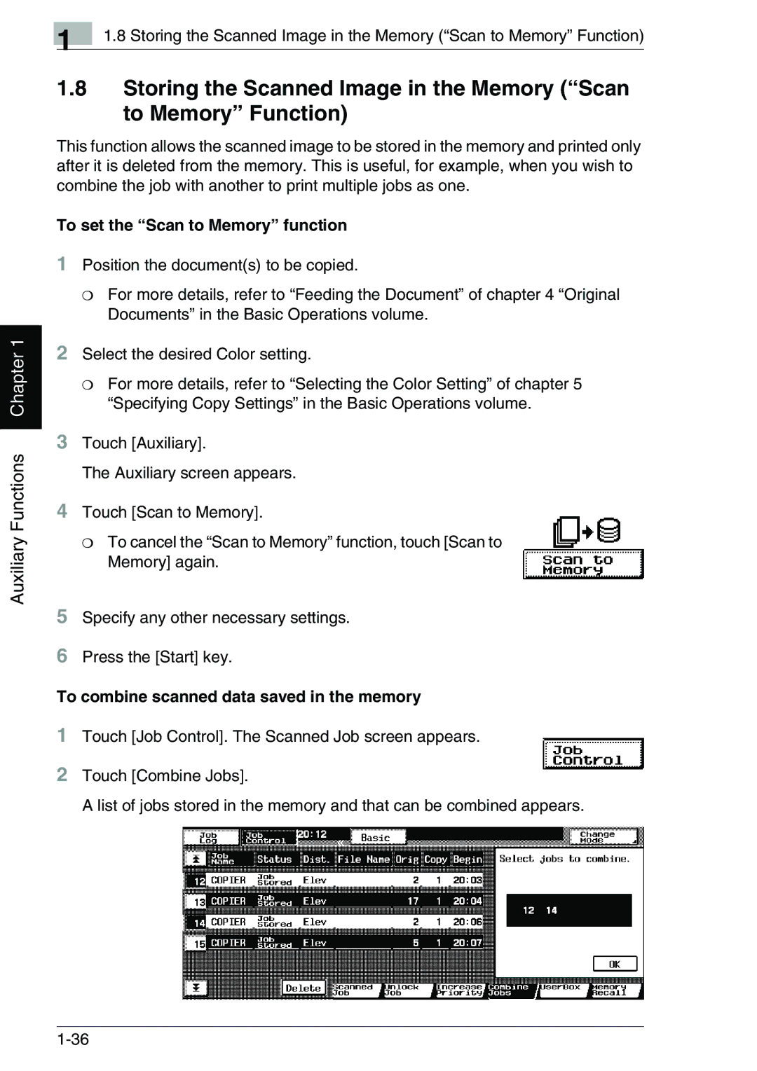 Kyocera KM-C2030, KM-C3130 manual To set the Scan to Memory function, To combine scanned data saved in the memory 