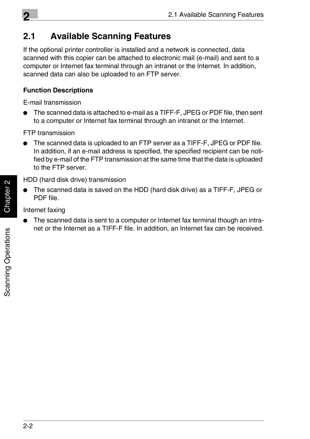 Kyocera KM-C2030, KM-C3130 manual Available Scanning Features, Function Descriptions 