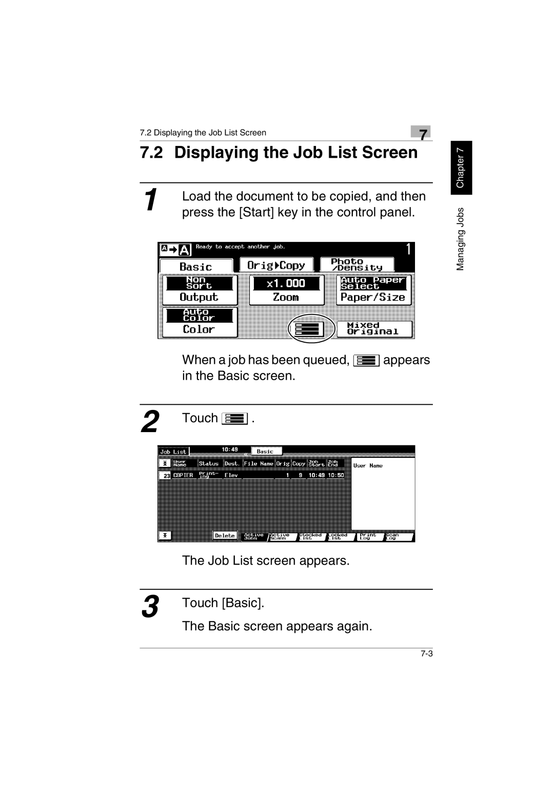 Kyocera KM-C2230 manual Displaying the Job List Screen 