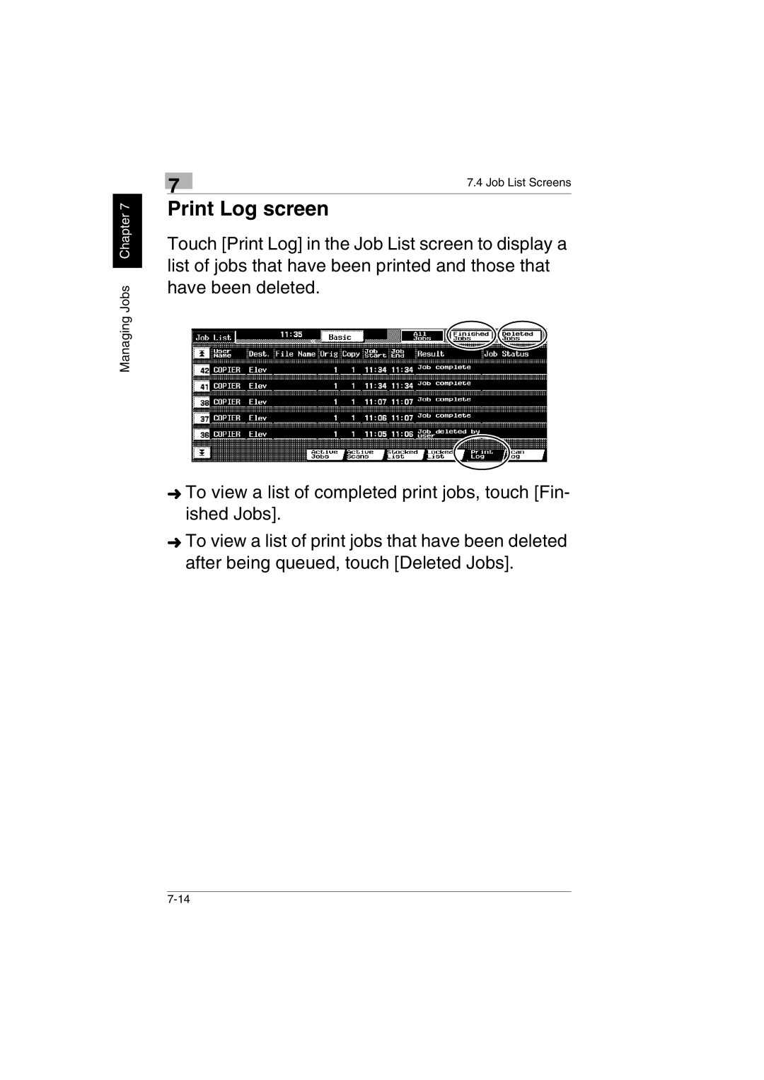 Kyocera KM-C2230 manual Print Log screen 