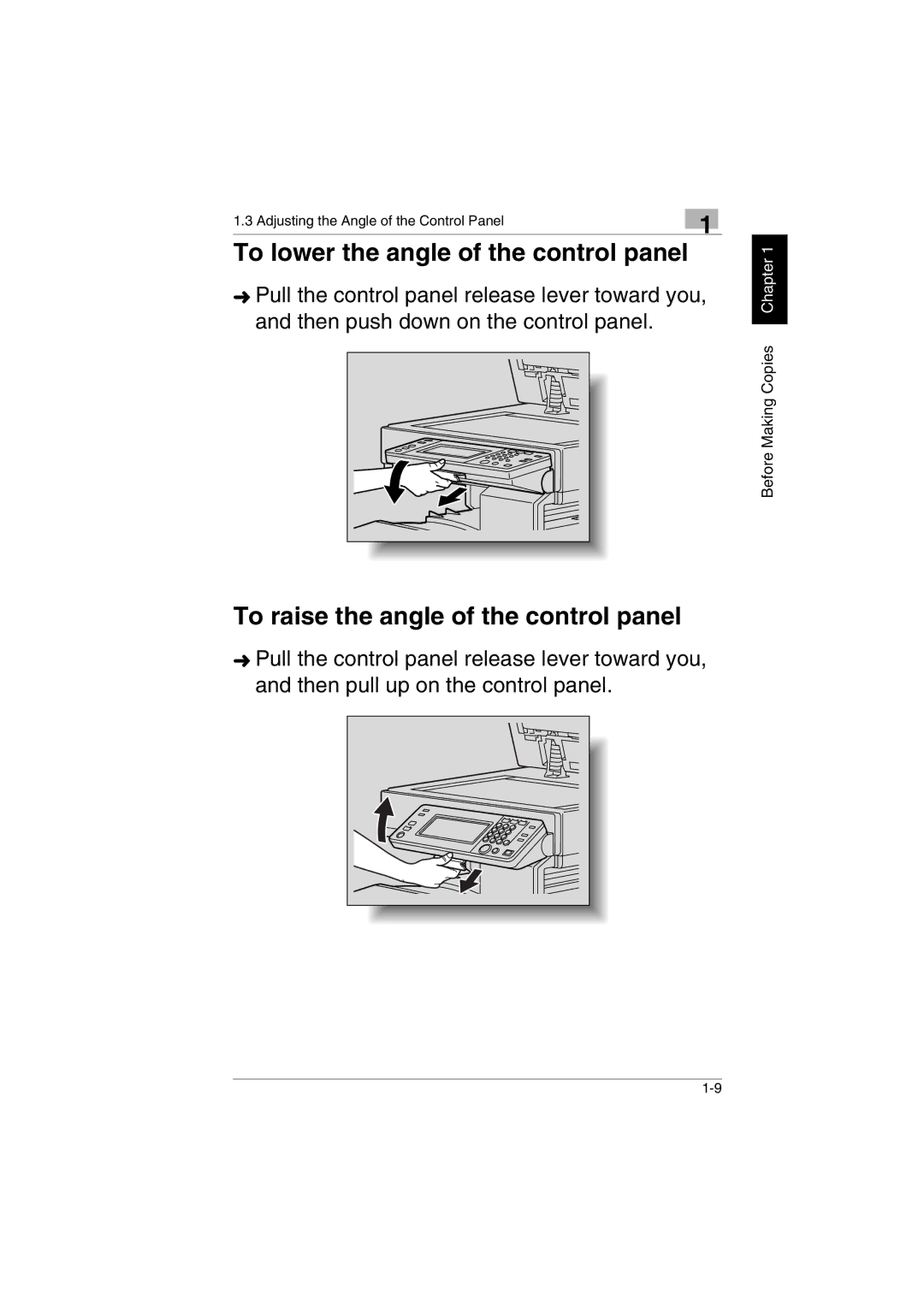 Kyocera KM-C2230 manual To lower the angle of the control panel, To raise the angle of the control panel 