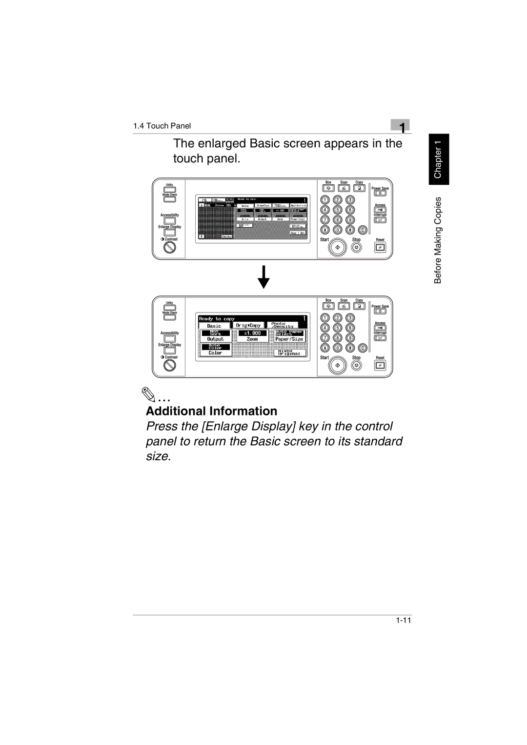 Kyocera KM-C2230 manual Enlarged Basic screen appears in the touch panel 