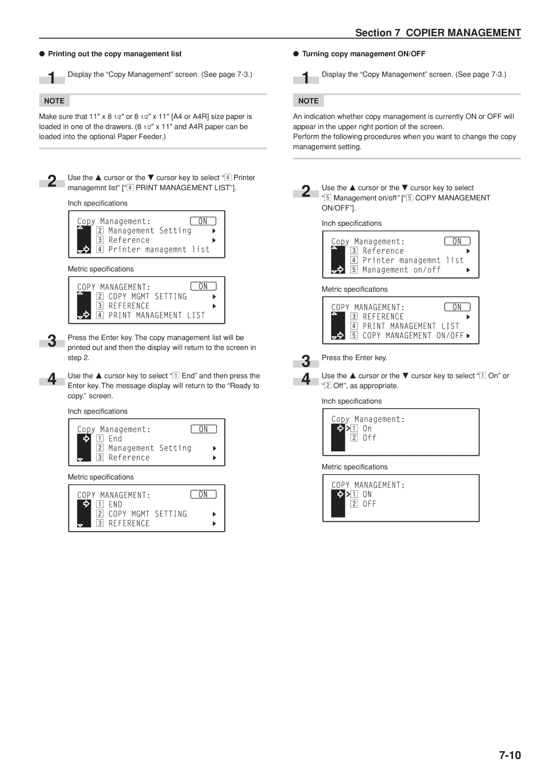 Kyocera KM-C830D manual Printing out the copy management list, Turning copy management ON/OFF 